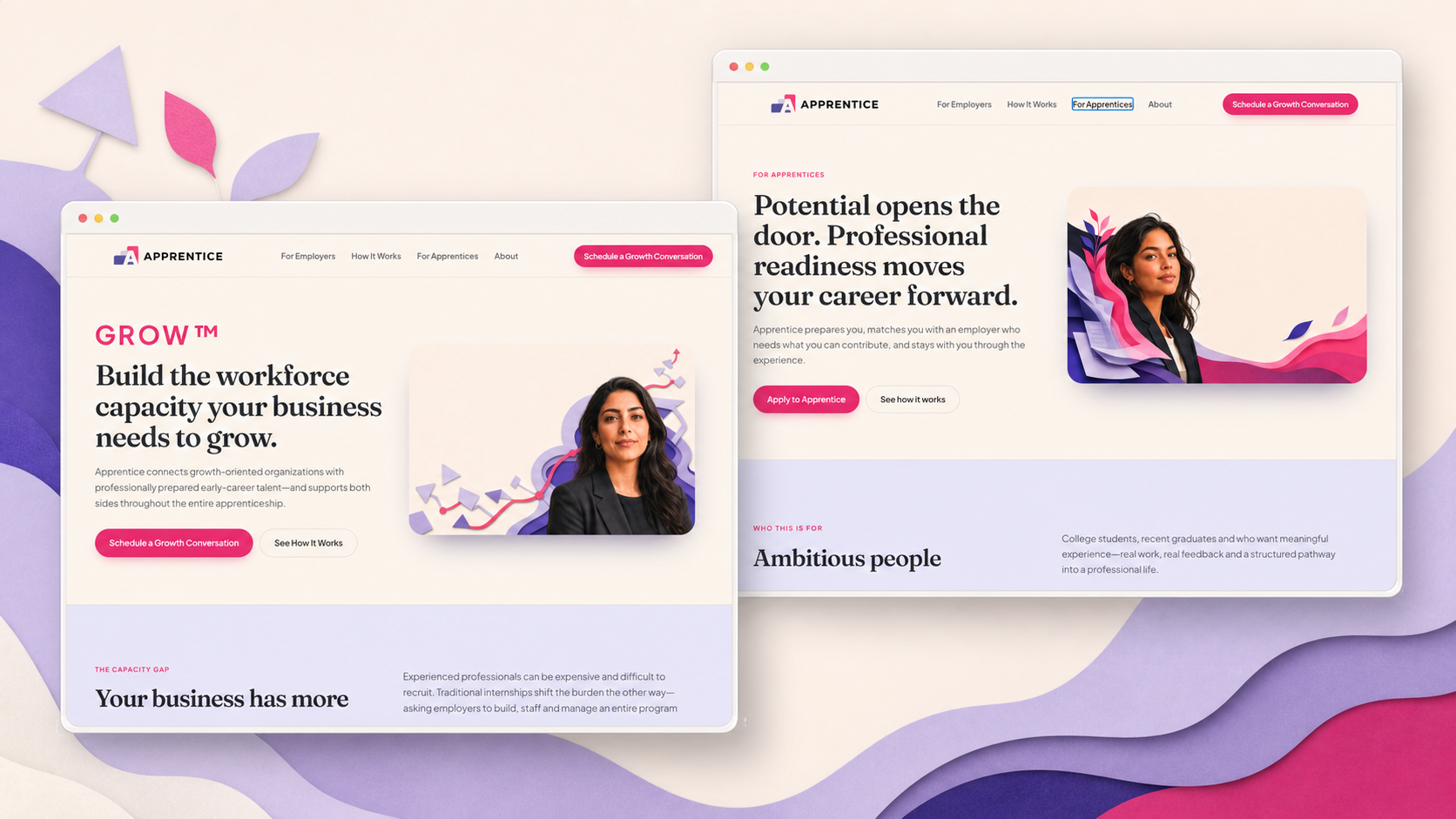 Apprentice website redesign showing modern employer and apprentice landing experiences