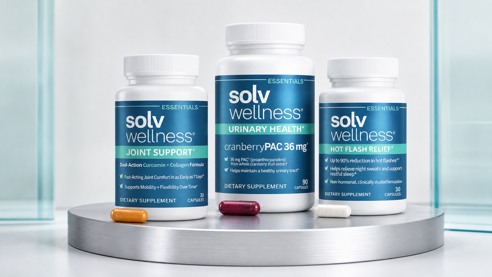 Solv Wellness daily essentials supplement line for women's health