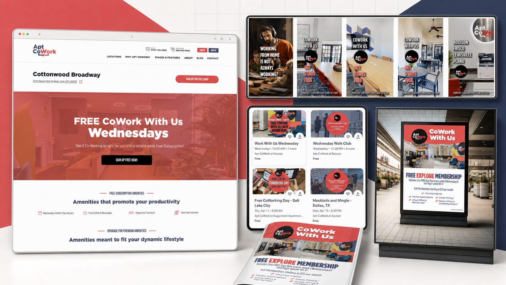 Apt CoWork lead generation campaign showing website, event ads, social posts, and digital signage promoting free coworking Wednesdays