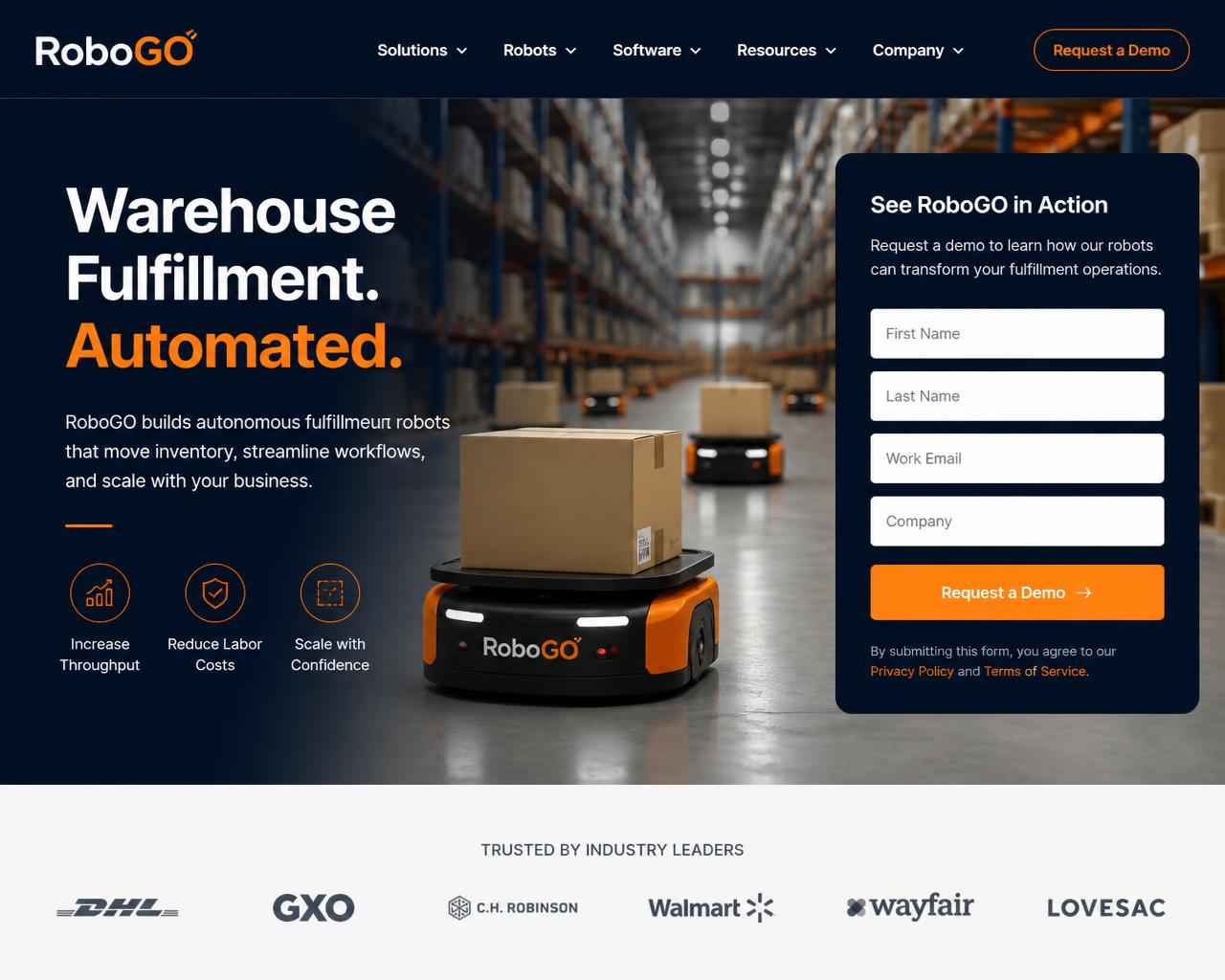 RoboGO industrial IoT landing page with a lead capture form for warehouse fulfillment robots