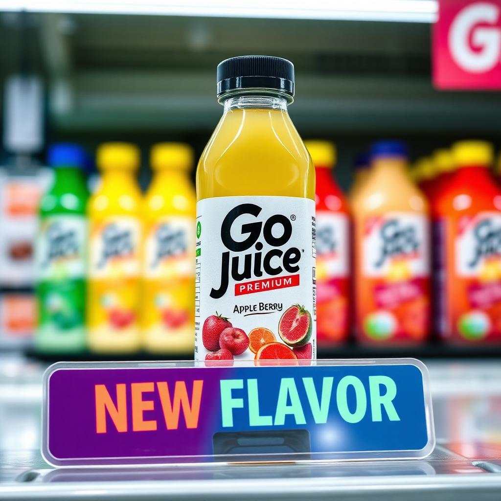 Go Juice Apple Berry bottle on a grocery store shelf with a New Flavor shelf talker