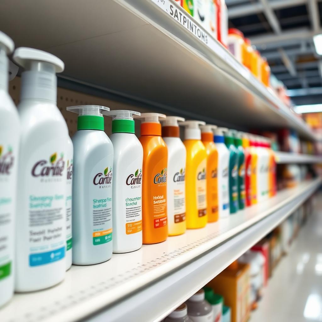 Grocery store shelf with shampoo and hair care products
