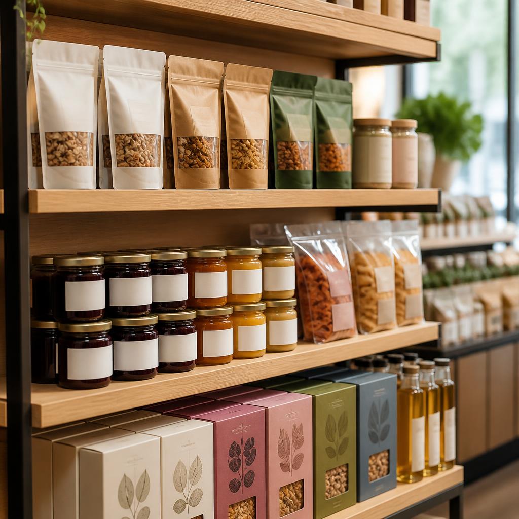 Consumer products displayed on retail shelves