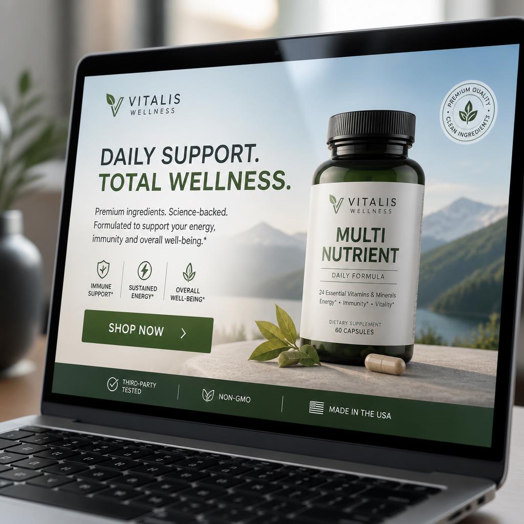Close-up of a laptop screen showing a banner ad for a premium supplement brand