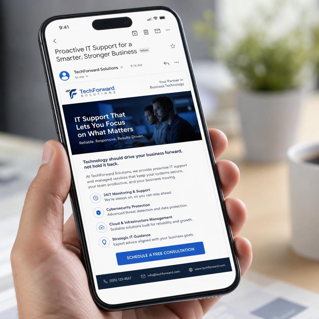 Mobile phone showing an IT MSP marketing email open in an email app