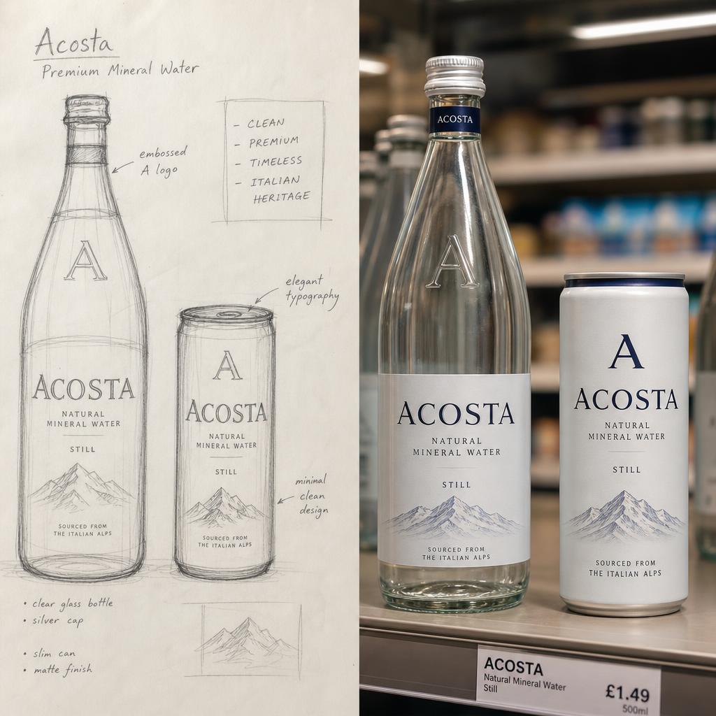 Early rough concept sketch of an Acosta mineral water bottle and can next to the final retail-ready products on a store shelf