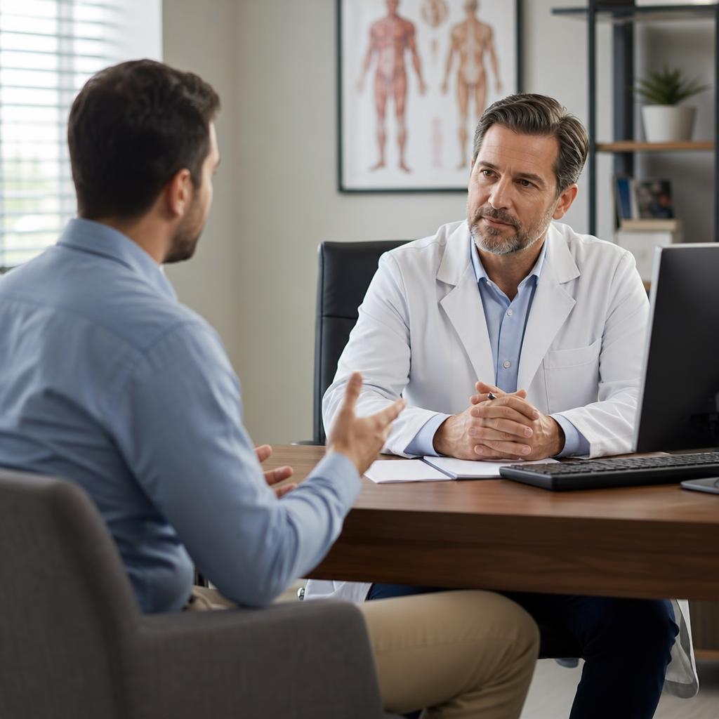 A pharmaceutical sales representative talking with a doctor in a doctor's office